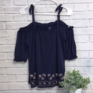 Navy Blue Embroidered Flowy Cold Shoulder Top